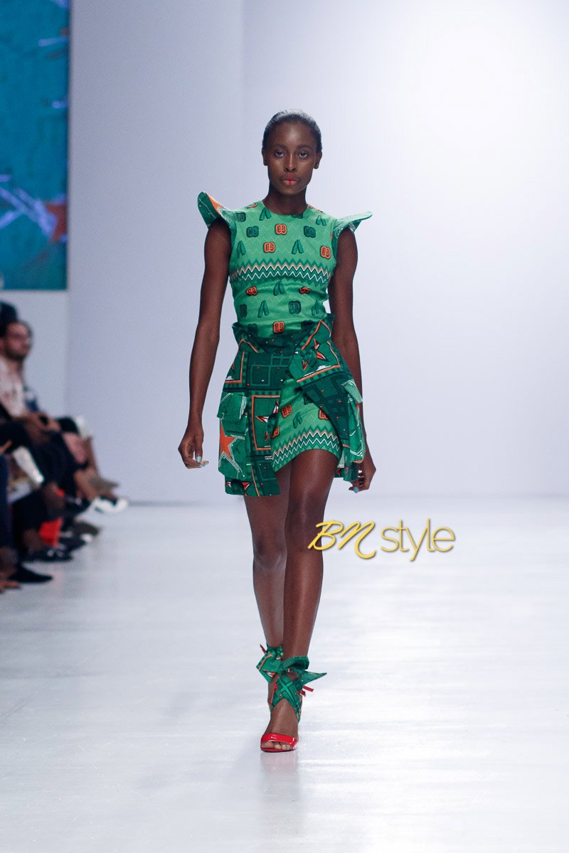 A model wears a design by Sluu by Sluvin Designs at African Fashion Week  London, a 3-day event showcasing African and African-inspired designers, at  the Truman Brewery in east London Stock Photo 